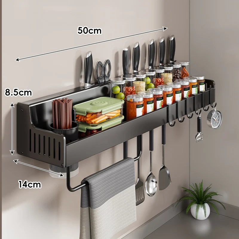 Kitchen Storage Rail Wall-Mounted Stainless Steel Knife Slots Spice Shelf & Hooks