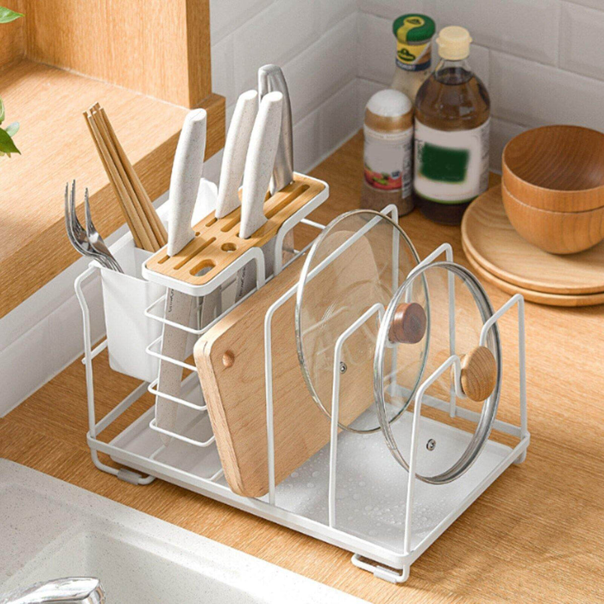Kitchen Utensil Holder Multi-Compartment with Removable Drain Tray & Lid Rest