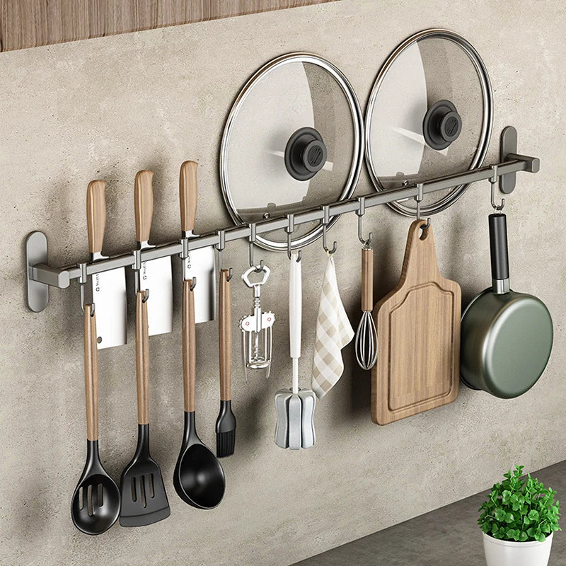 Kitchen Utensil Hook Rail Stainless Steel No-Drill Mounting Multiple Hooks