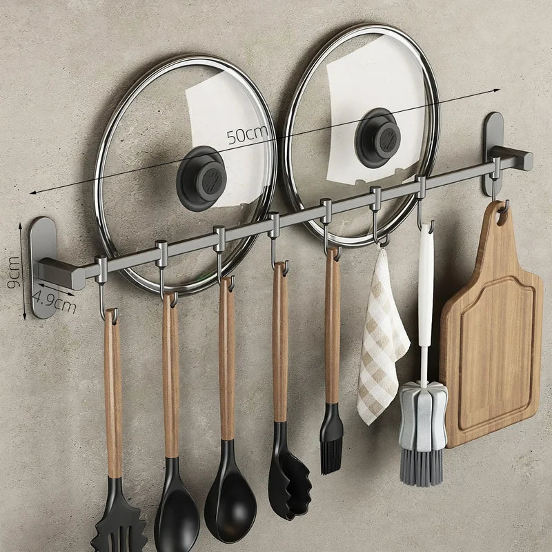 Kitchen Utensil Hook Rail Stainless Steel No-Drill Mounting Multiple Hooks