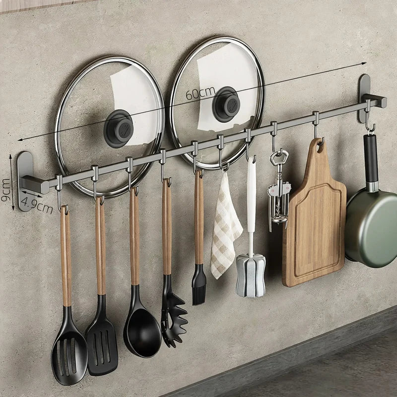 Kitchen Utensil Hook Rail Stainless Steel No-Drill Mounting Multiple Hooks