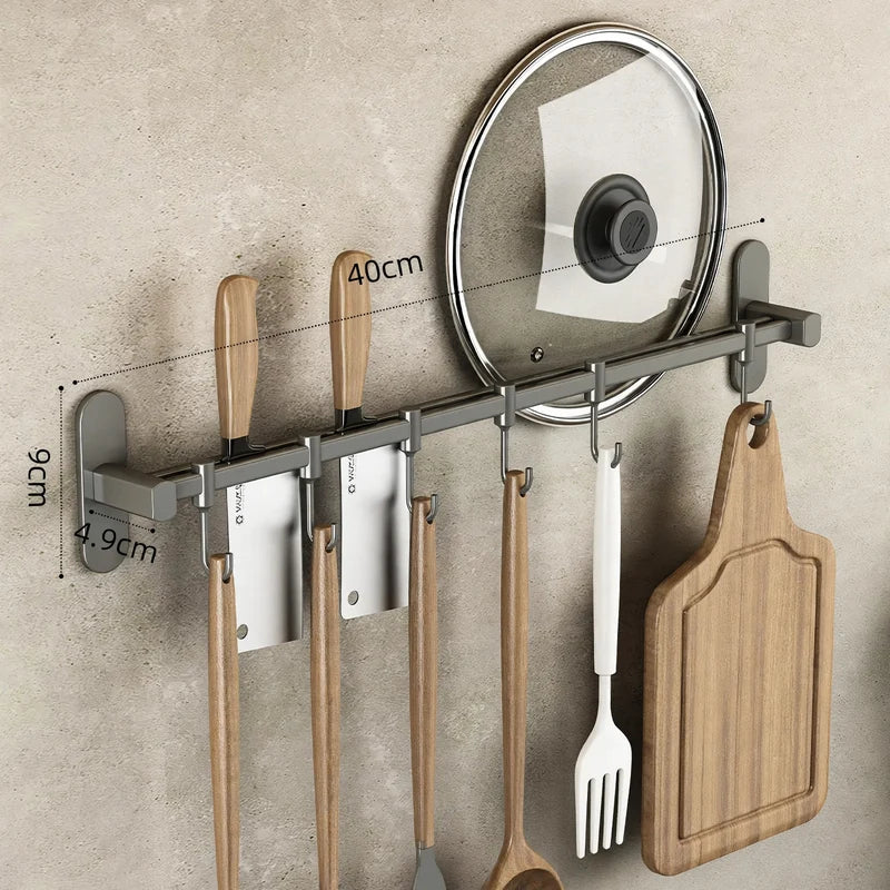 Kitchen Utensil Hook Rail Stainless Steel No-Drill Mounting Multiple Hooks