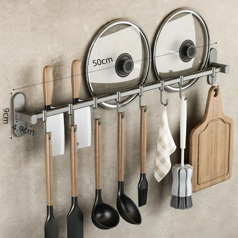 Kitchen Utensil Hook Rail Stainless Steel No-Drill Mounting Multiple Hooks