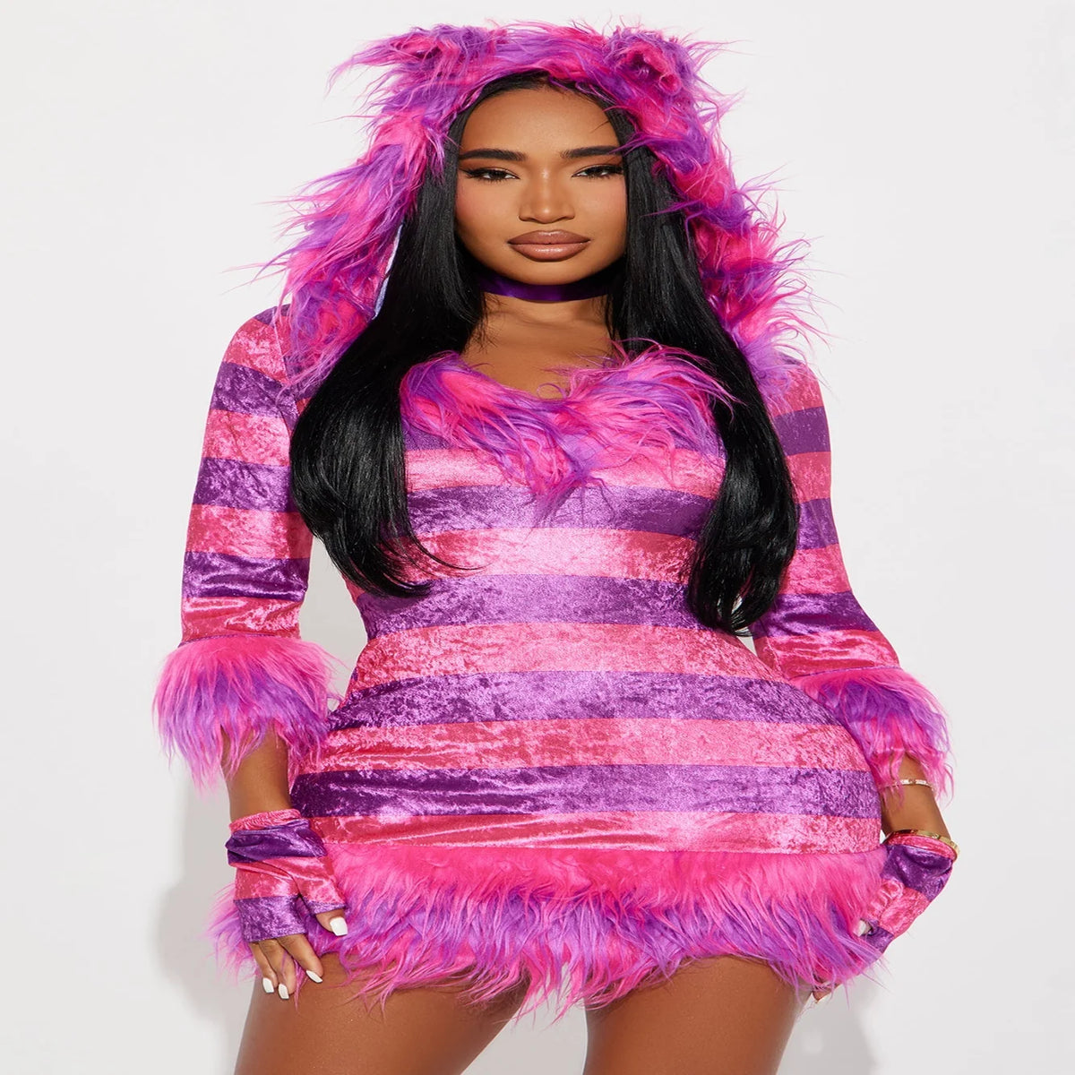 Kitty Costume Set Pink Hooded Fur Dress With Tail