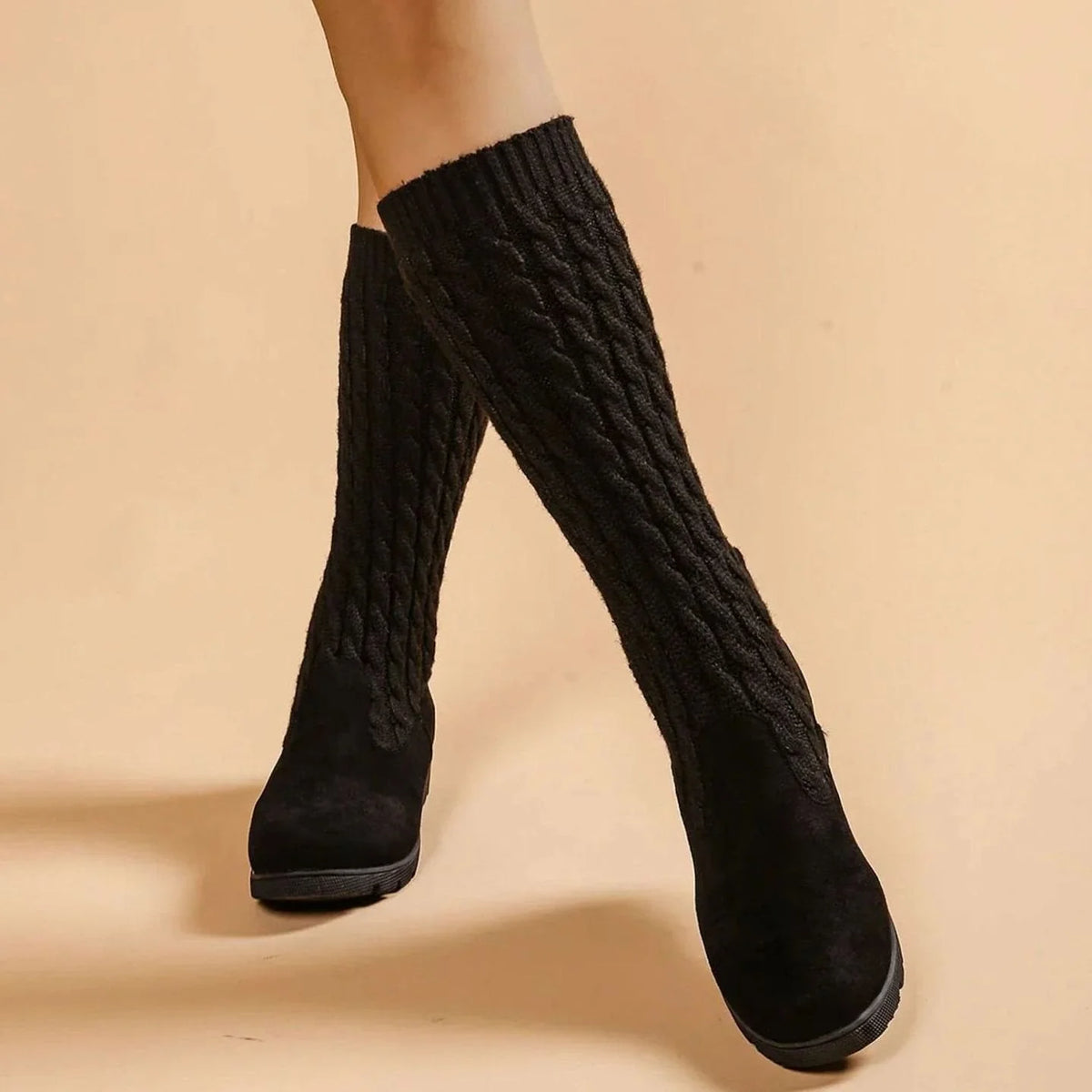 Knee-High Boots Cable-Knit Shaft Orthopedic Cushioning Low Wedge