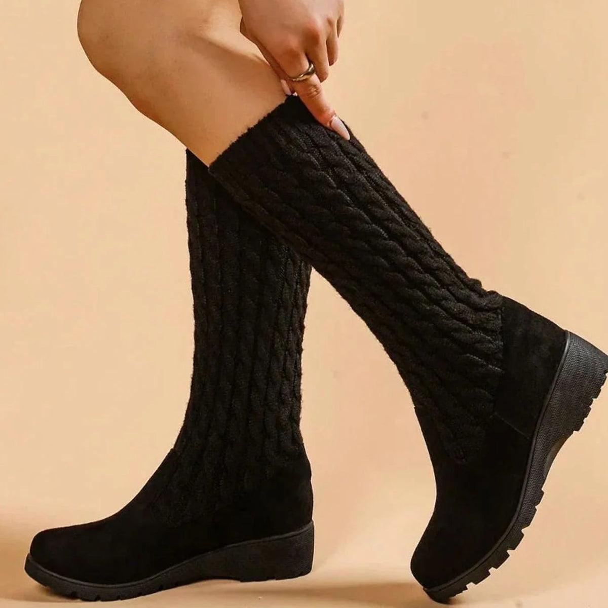 Knee-High Boots Cable-Knit Shaft Orthopedic Cushioning Low Wedge