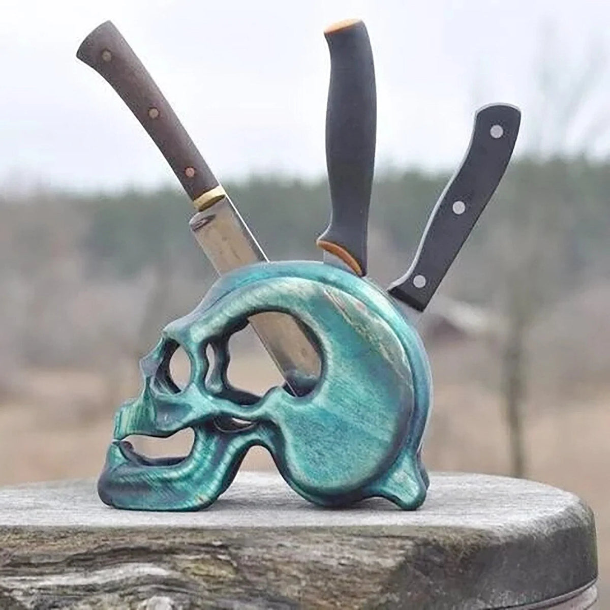 Knife Holder Resin Skull Design Blue Countertop Storage