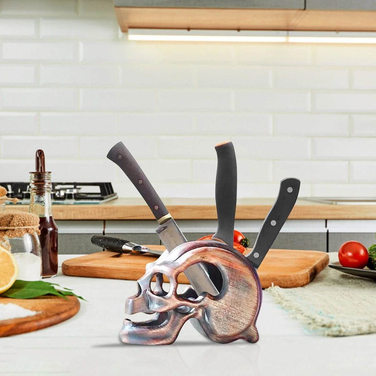 Knife Holder Resin Skull Design Blue Countertop Storage