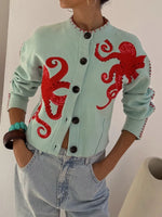 Knit Cardigan Bold Octopus Pattern Button-Front񎟃