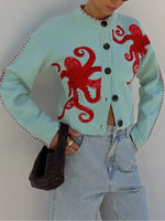 Knit Cardigan Bold Octopus Pattern Button-Front񎟃