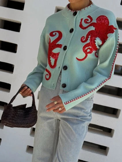 Knit Cardigan Bold Octopus Pattern Button-Front񎟃