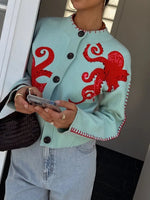 Knit Cardigan Bold Octopus Pattern Button-Front񎟃
