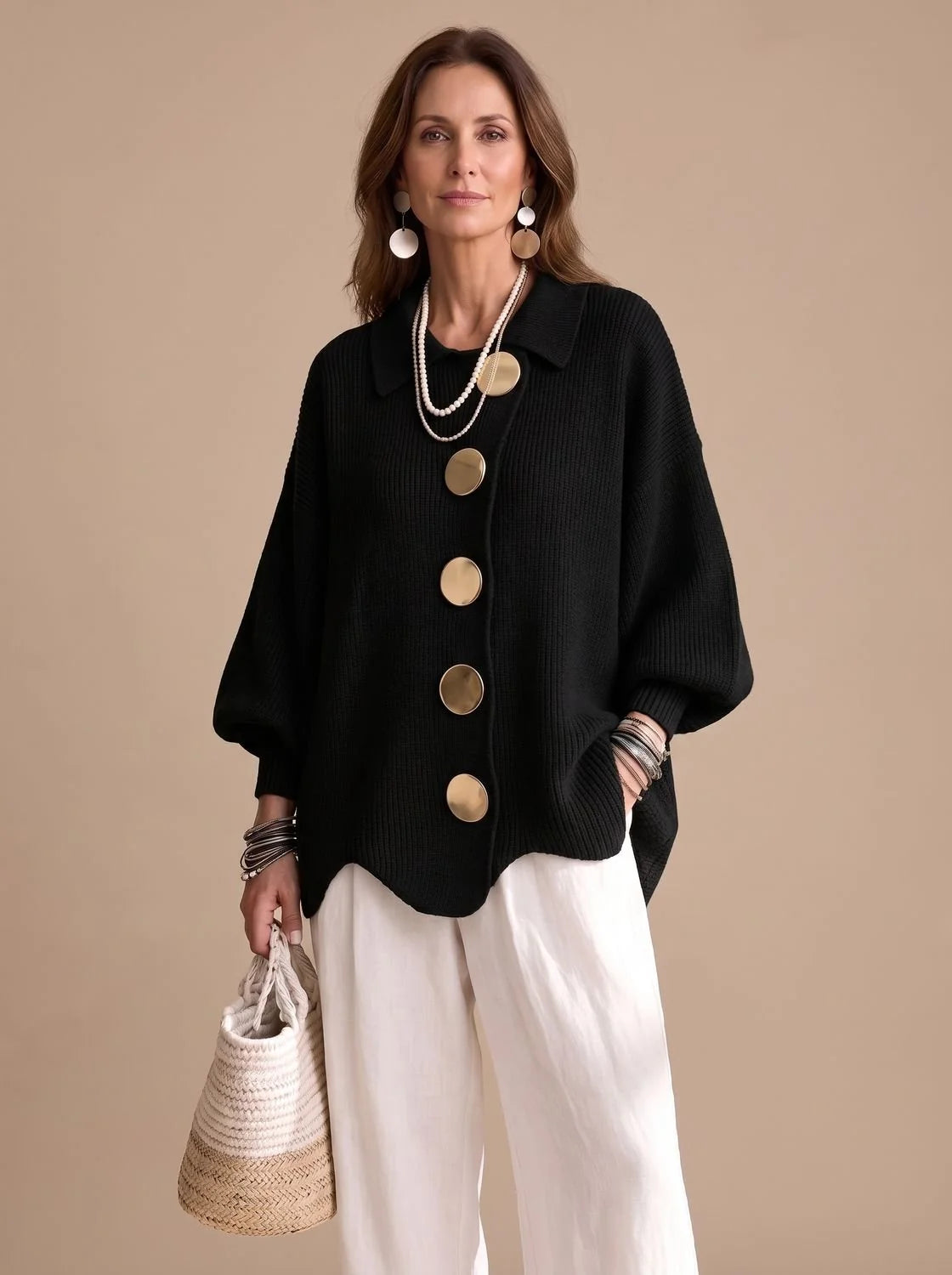 Knit Cardigan Oversized Fit Gold-Tone Buttons Lantern Sleeves