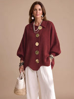 Knit Cardigan Oversized Fit Gold-Tone Buttons Lantern Sleeves