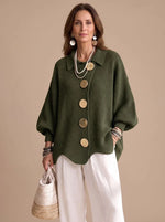 Knit Cardigan Oversized Fit Gold-Tone Buttons Lantern Sleeves