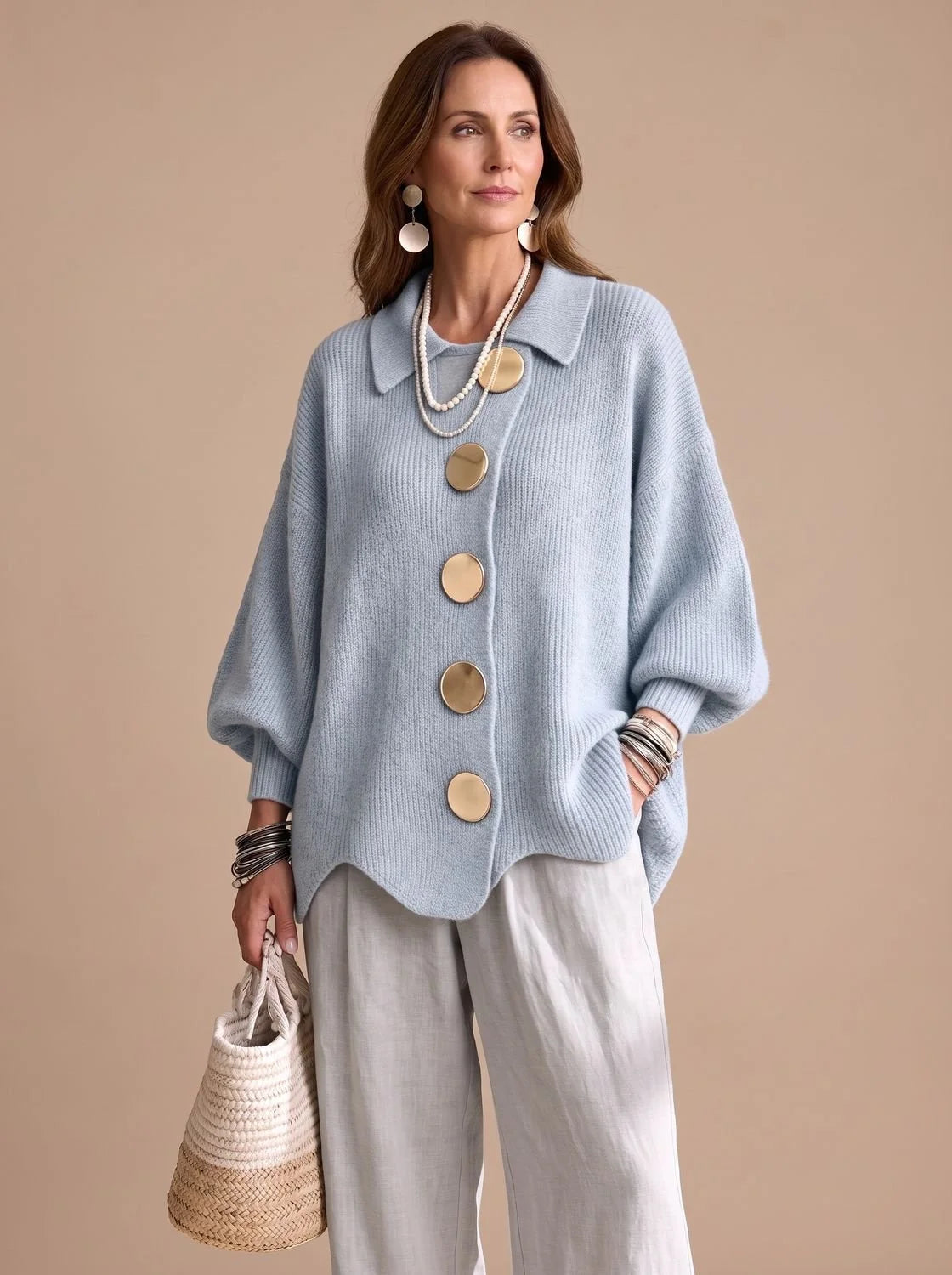 Knit Cardigan Oversized Fit Gold-Tone Buttons Lantern Sleeves