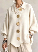 Knit Cardigan Oversized Fit Lantern Sleeves Gold-Tone Buttons