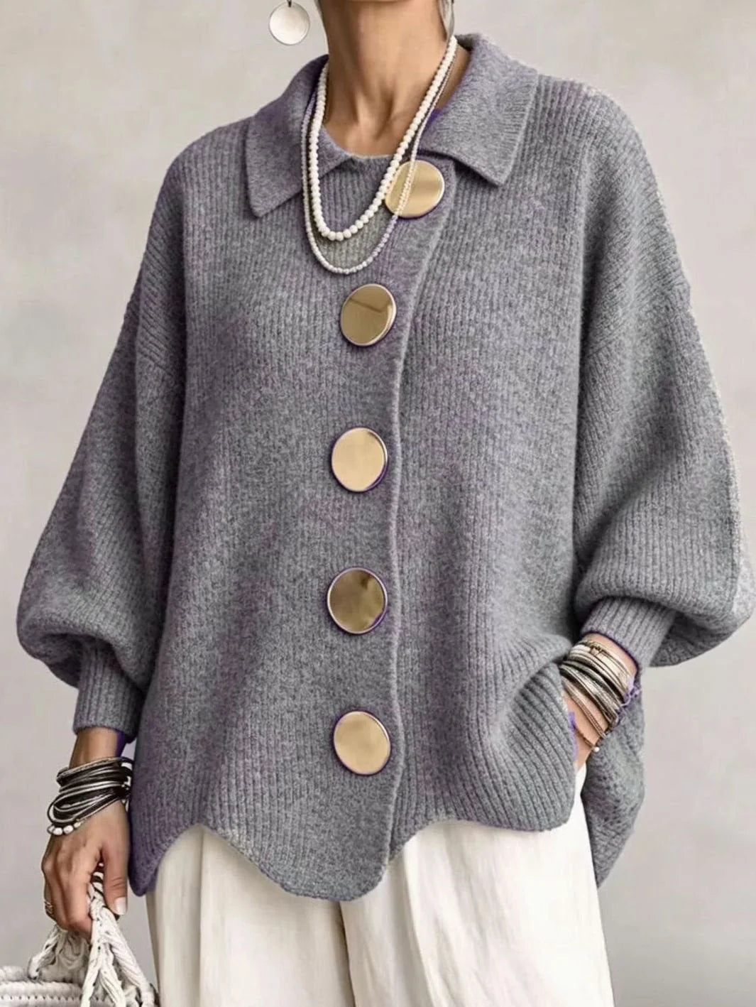 Knit Cardigan Oversized Fit Lantern Sleeves Gold-Tone Buttons