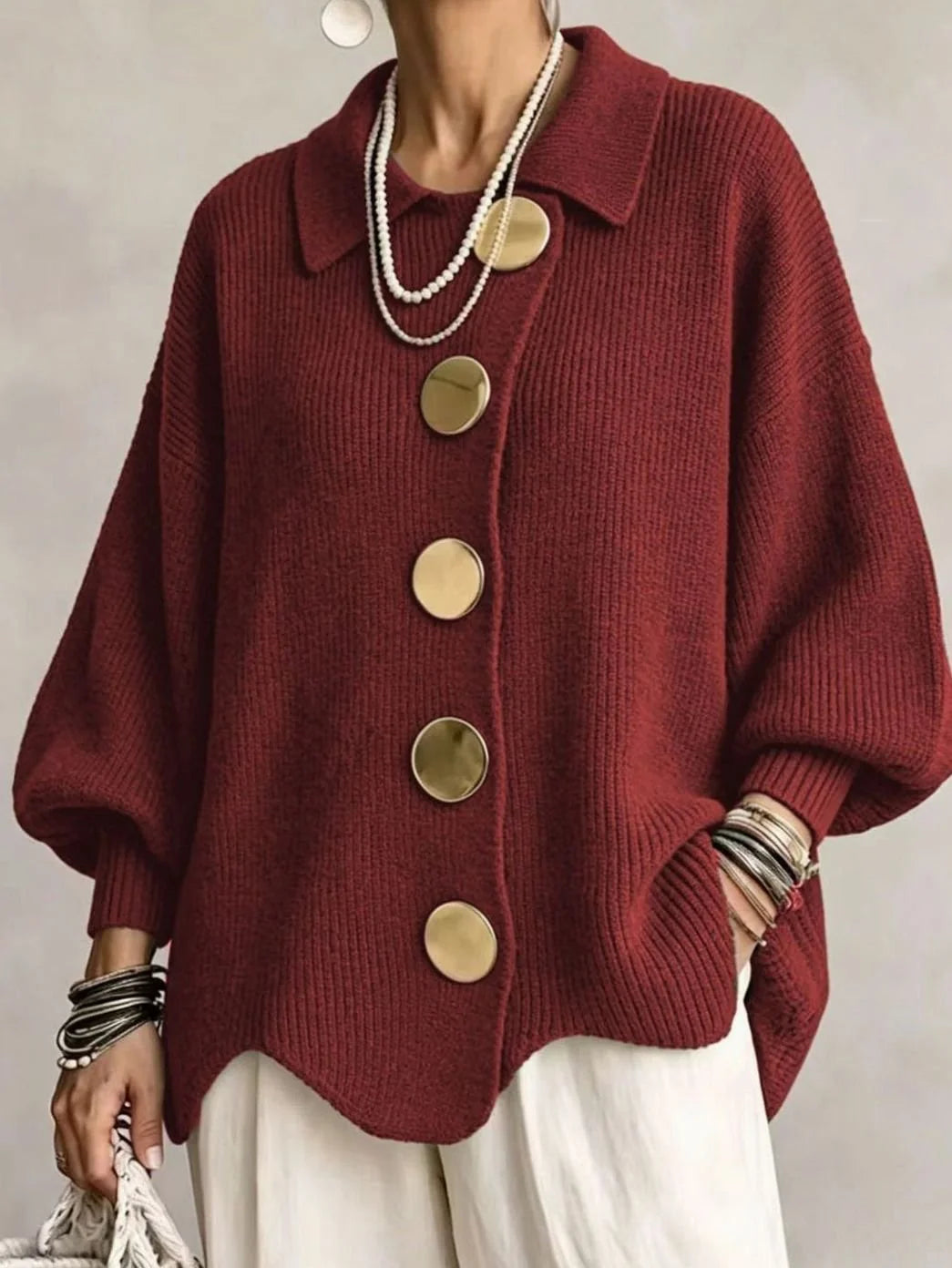Knit Cardigan Oversized Fit Lantern Sleeves Gold-Tone Buttons