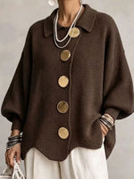 Knit Cardigan Oversized Fit Lantern Sleeves Gold-Tone Buttons