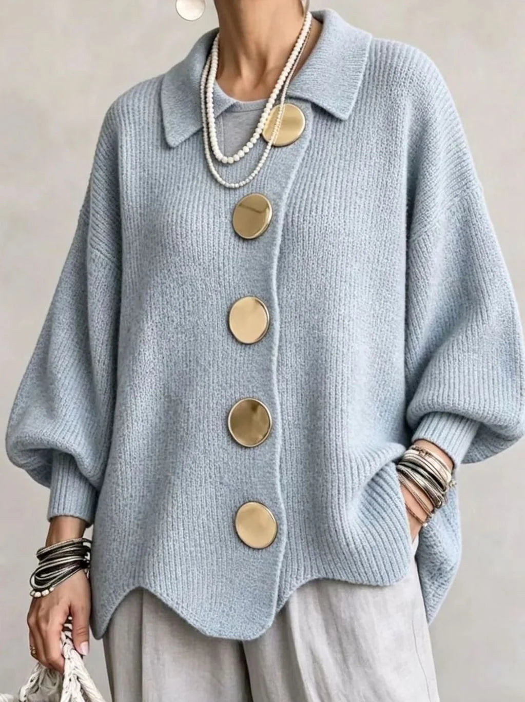 Knit Cardigan Oversized Fit Lantern Sleeves Gold-Tone Buttons
