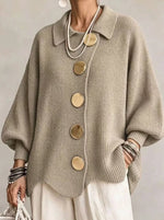 Knit Cardigan Oversized Fit Lantern Sleeves Gold-Tone Buttons