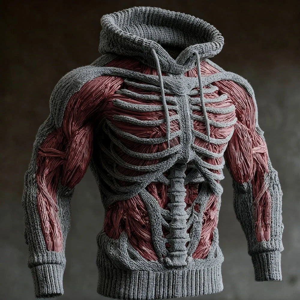 Knit Hoodie 3D Skeleton Design Long Sleeve