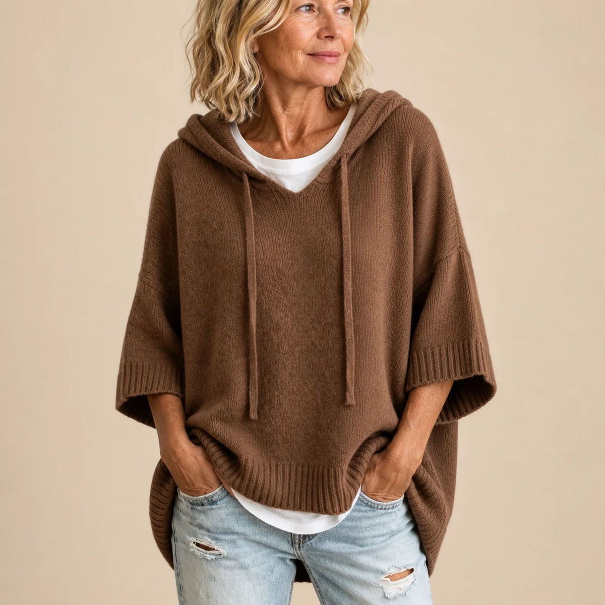 Knitted Poncho Drawstring Hood Three-Quarter Sleeves Relaxed Fit