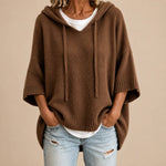 Knitted Poncho Drawstring Hood Three-Quarter Sleeves Relaxed Fit