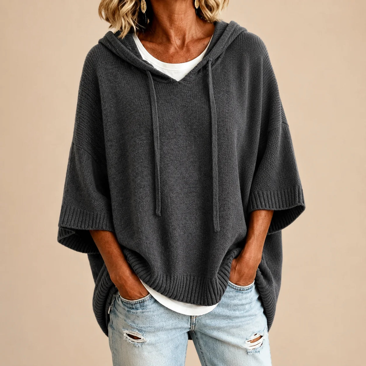 Knitted Poncho Drawstring Hood Three-Quarter Sleeves Relaxed Fit