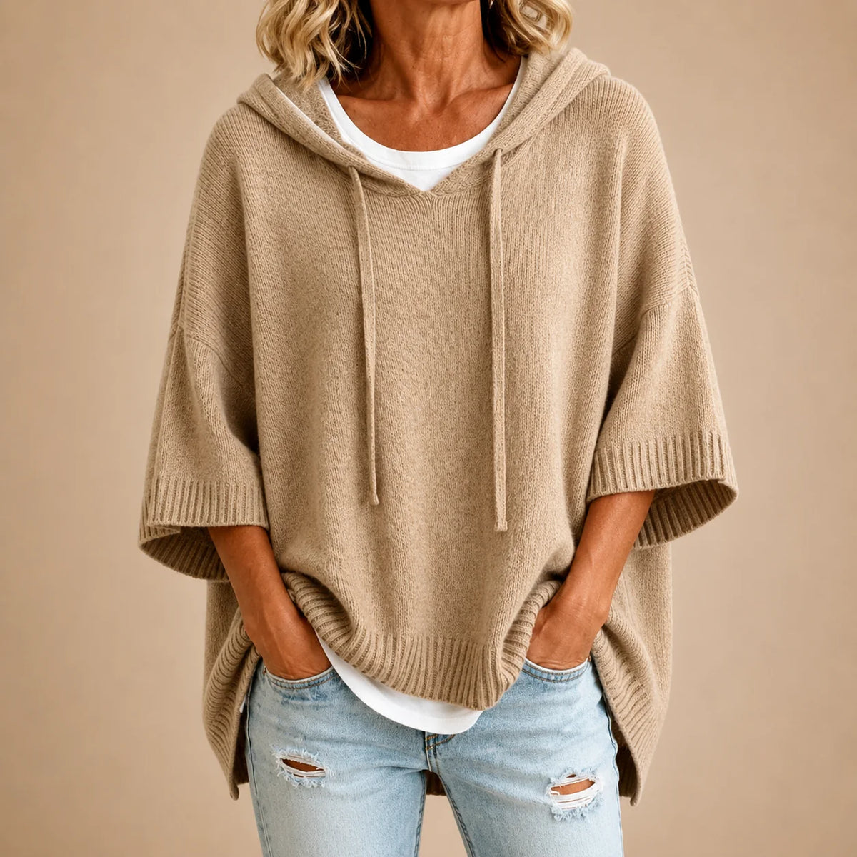 Knitted Poncho Drawstring Hood Three-Quarter Sleeves Relaxed Fit