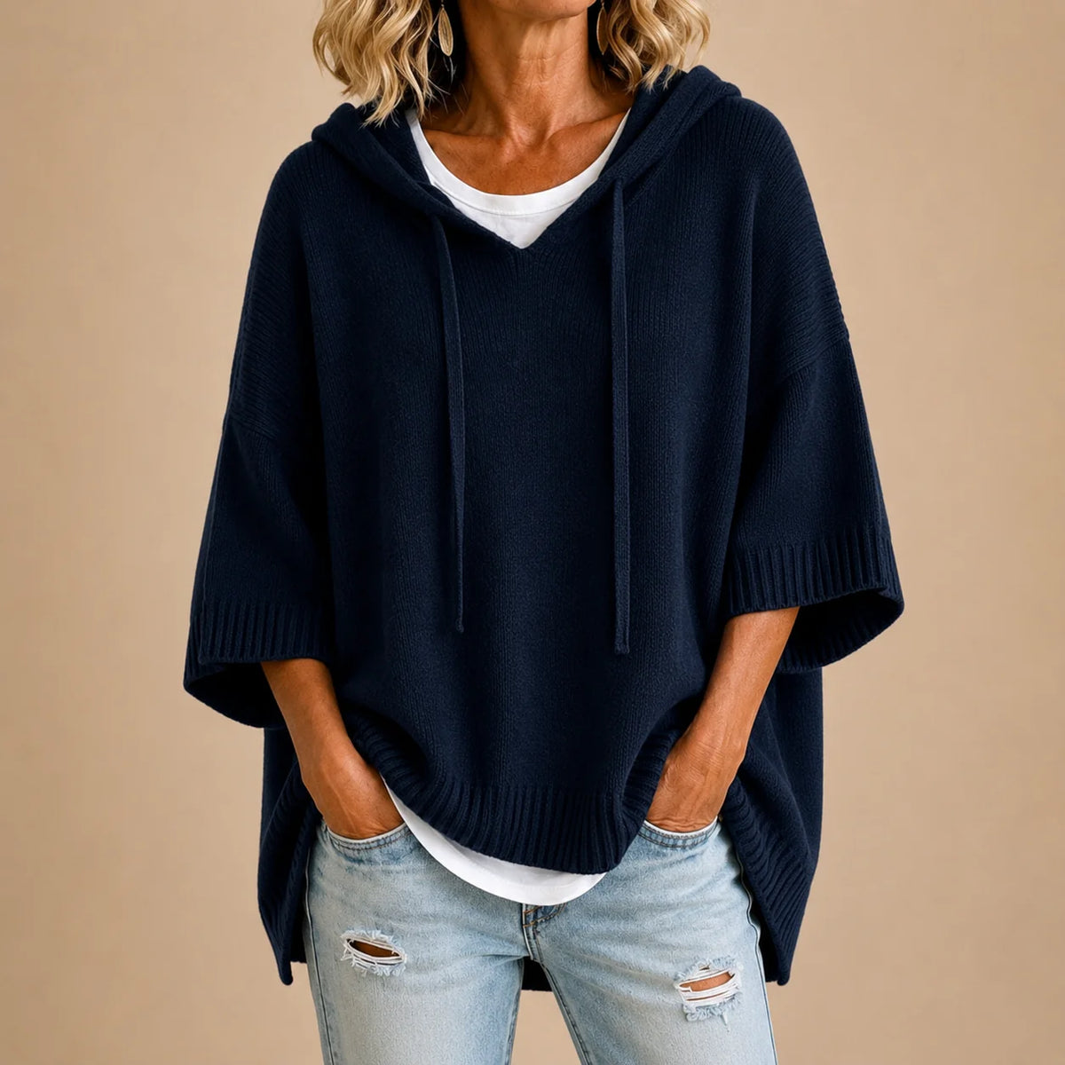 Knitted Poncho Drawstring Hood Three-Quarter Sleeves Relaxed Fit