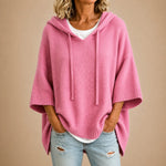 Knitted Poncho Drawstring Hood Three-Quarter Sleeves Relaxed Fit