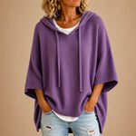 Knitted Poncho Drawstring Hood Three-Quarter Sleeves Relaxed Fit