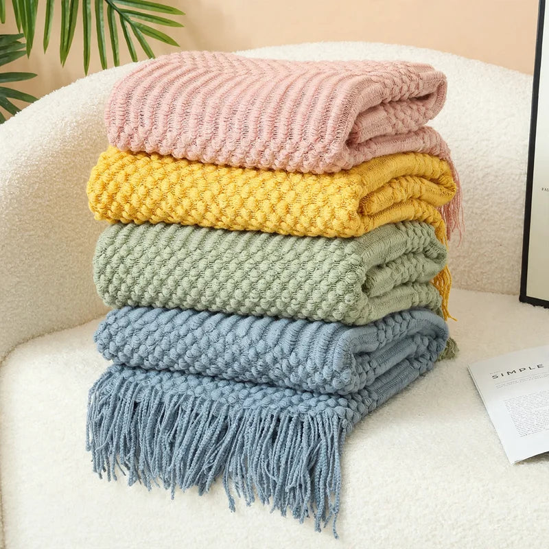 Knitted Throw Blanket Acrylic Nordic Fringe Year-Round Use