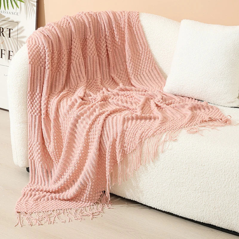 Knitted Throw Blanket Acrylic Nordic Fringe Year-Round Use