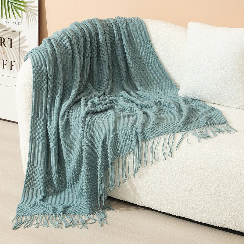 Knitted Throw Blanket Acrylic Nordic Fringe Year-Round Use