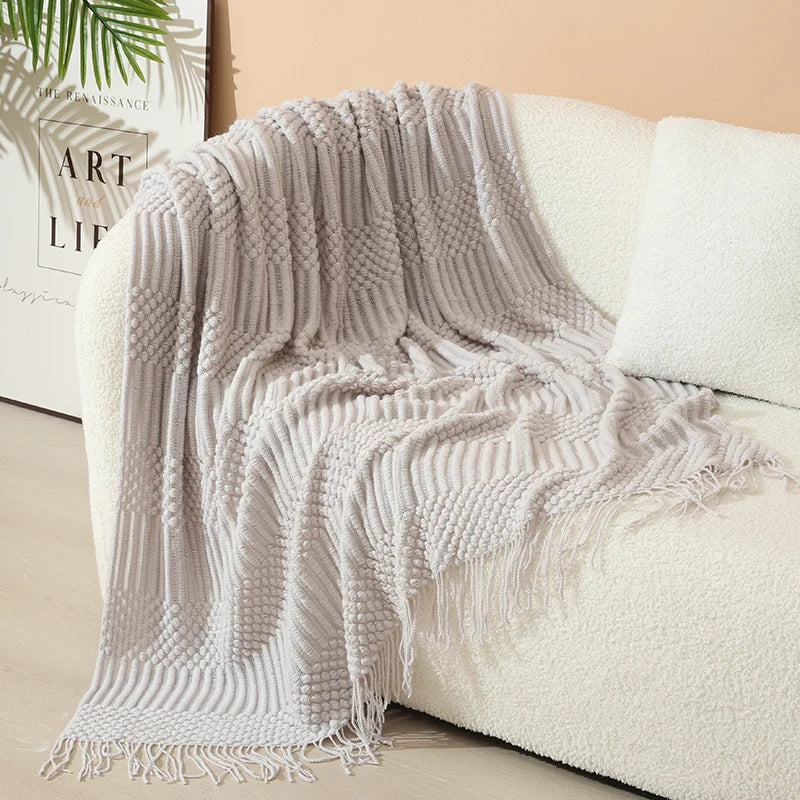 Knitted Throw Blanket Acrylic Nordic Fringe Year-Round Use
