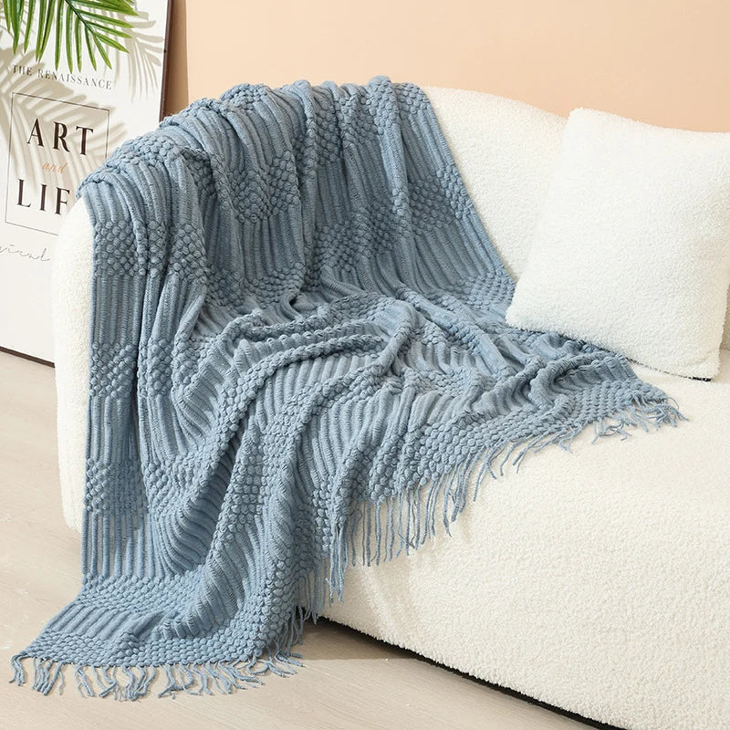 Knitted Throw Blanket Acrylic Nordic Fringe Year-Round Use