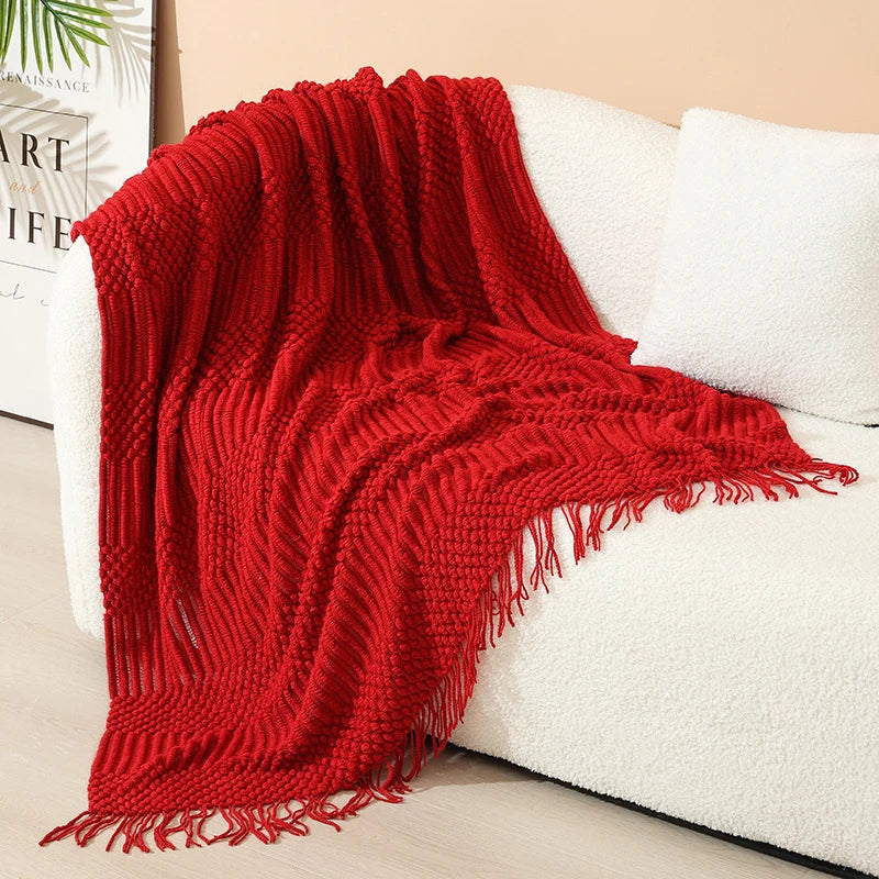 Knitted Throw Blanket Acrylic Nordic Fringe Year-Round Use