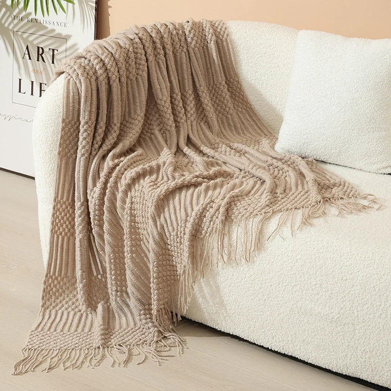 Knitted Throw Blanket Acrylic Nordic Fringe Year-Round Use