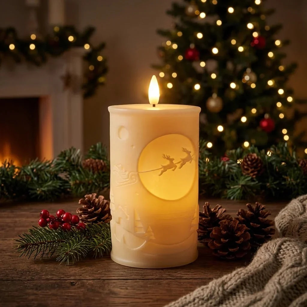 LED Candle Fir Tree & Snowflake Relief Battery-Operated Adjustable Timer