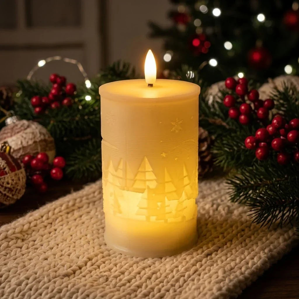 LED Candle Fir Tree & Snowflake Relief Battery-Operated Adjustable Timer