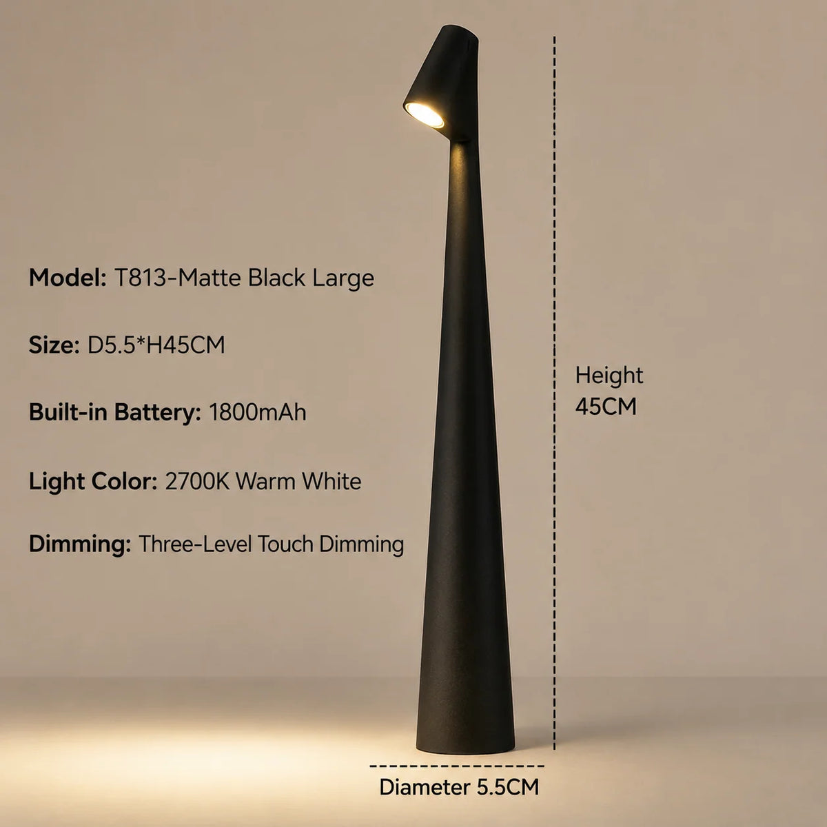 LED Table Lamp Cordless Rechargeable Touch Dimming Warm White Light