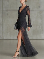 Lace Dress V-Neck Pleated Fitted Silhouette With Side Slit