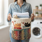 Laundry Hamper Quilted Cat Print Foldable with Carry Handles