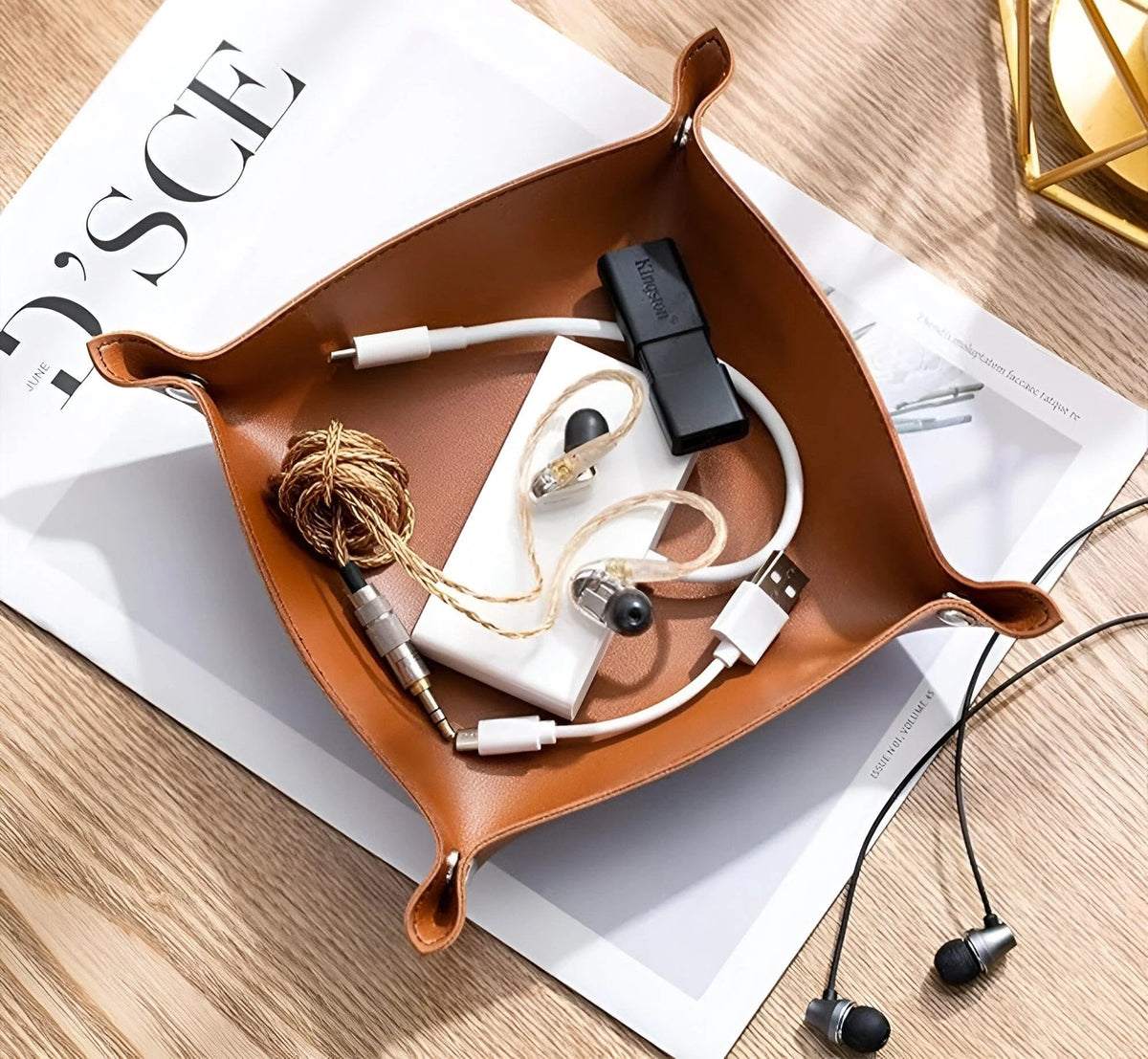 Leather Catchall Tray Multiple Compartments Desk Organizer