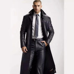 Leather Trench Coat Long Slim-Fit Stand Collar Concealed Buttons