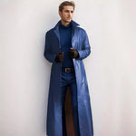 Leather Trench Coat Long Slim-Fit Stand Collar Concealed Buttons