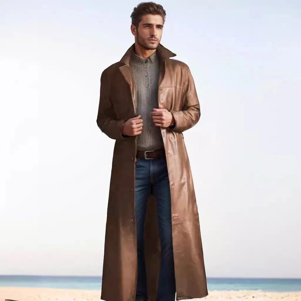 Leather Trench Coat Long Slim-Fit Stand Collar Concealed Buttons